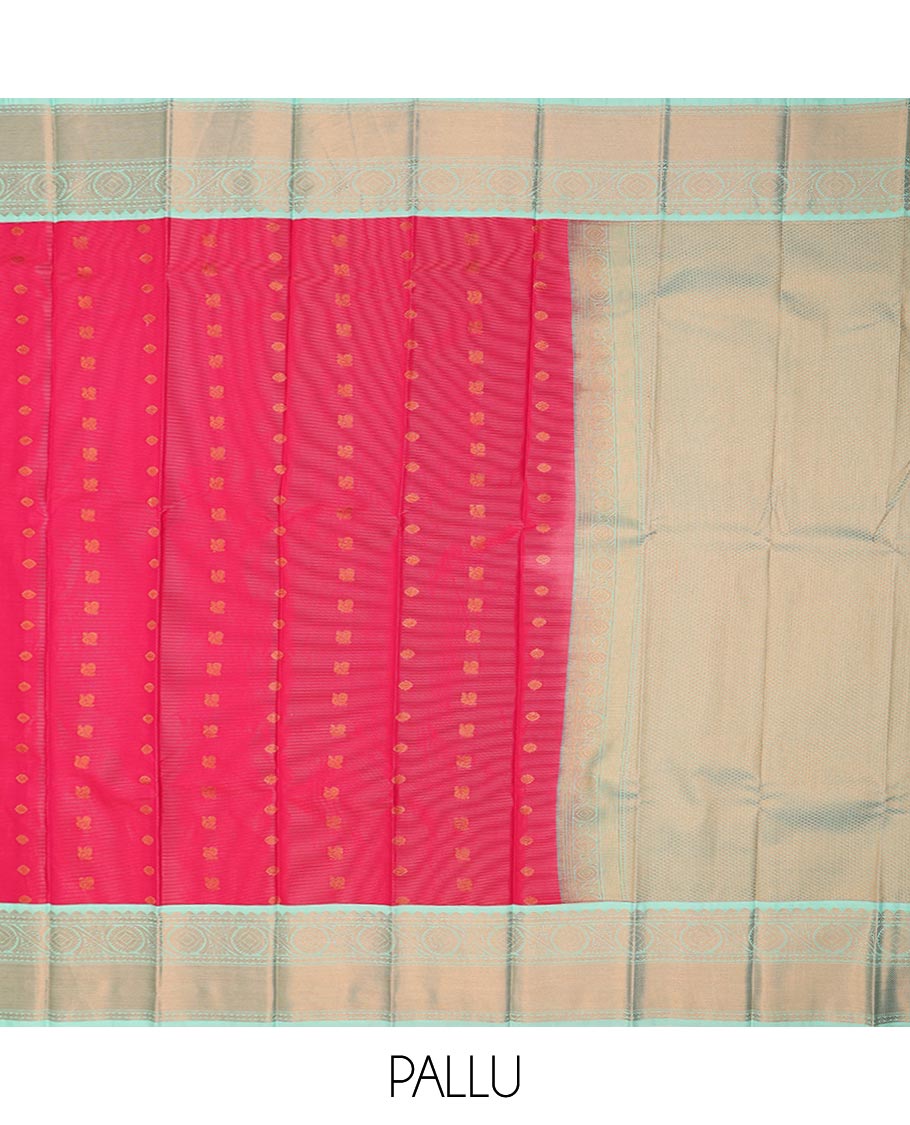 Red stripes and peacock chakra buttas gift saree, contrast traditional zari design border, and intricate pallu