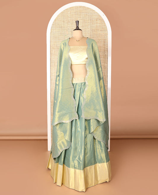 Green art-silk half-saree, plain with contrast bordered skirt, contrast blouse, and a scallop stone work dhavani
