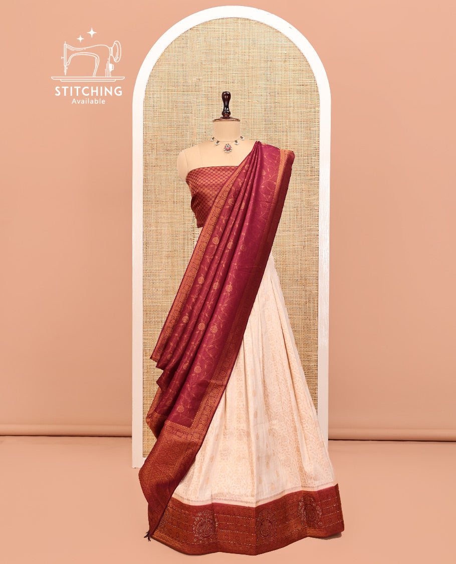 Cream Art Silk Half Saree, Subtly Designed with Jacquard Skirt, Contrast Traditional Stone-Work Border, a Jacquard Blouse, and Banaras Jacquard Dhavani