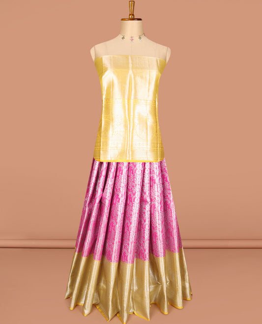 Pink floral jacquard art silk half-saree, contrast zari design dhavani, zari border & blouse of traditional designs