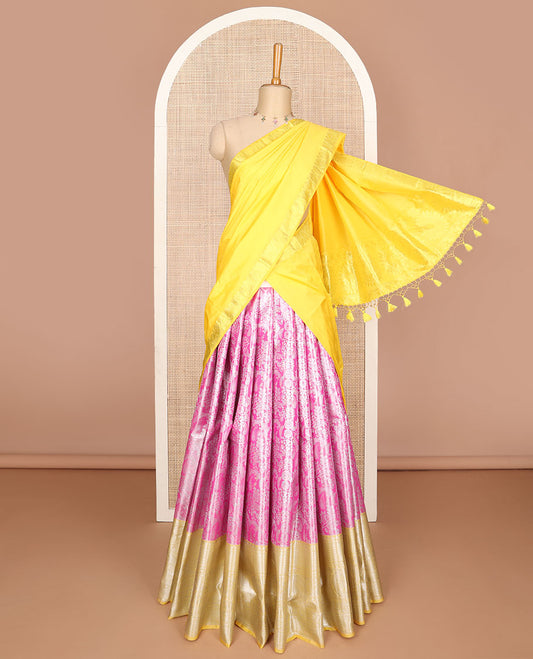 Pink floral jacquard art silk half-saree, contrast zari design dhavani, zari border & blouse of traditional designs
