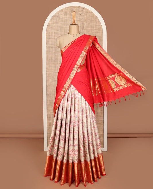 Peach art silk half saree, meenakari floral jacquard with contrast traditional zari border jacquard contrast blouse, and zari woven dhavani