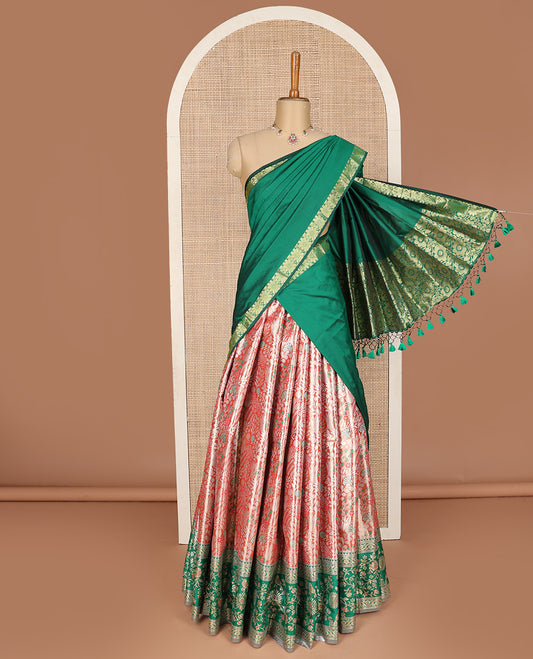 Red art silk half-saree pavadai material, floral jacquard with contrast traditional border skirt, jaal jacquard blouse, and zari design dhavani
