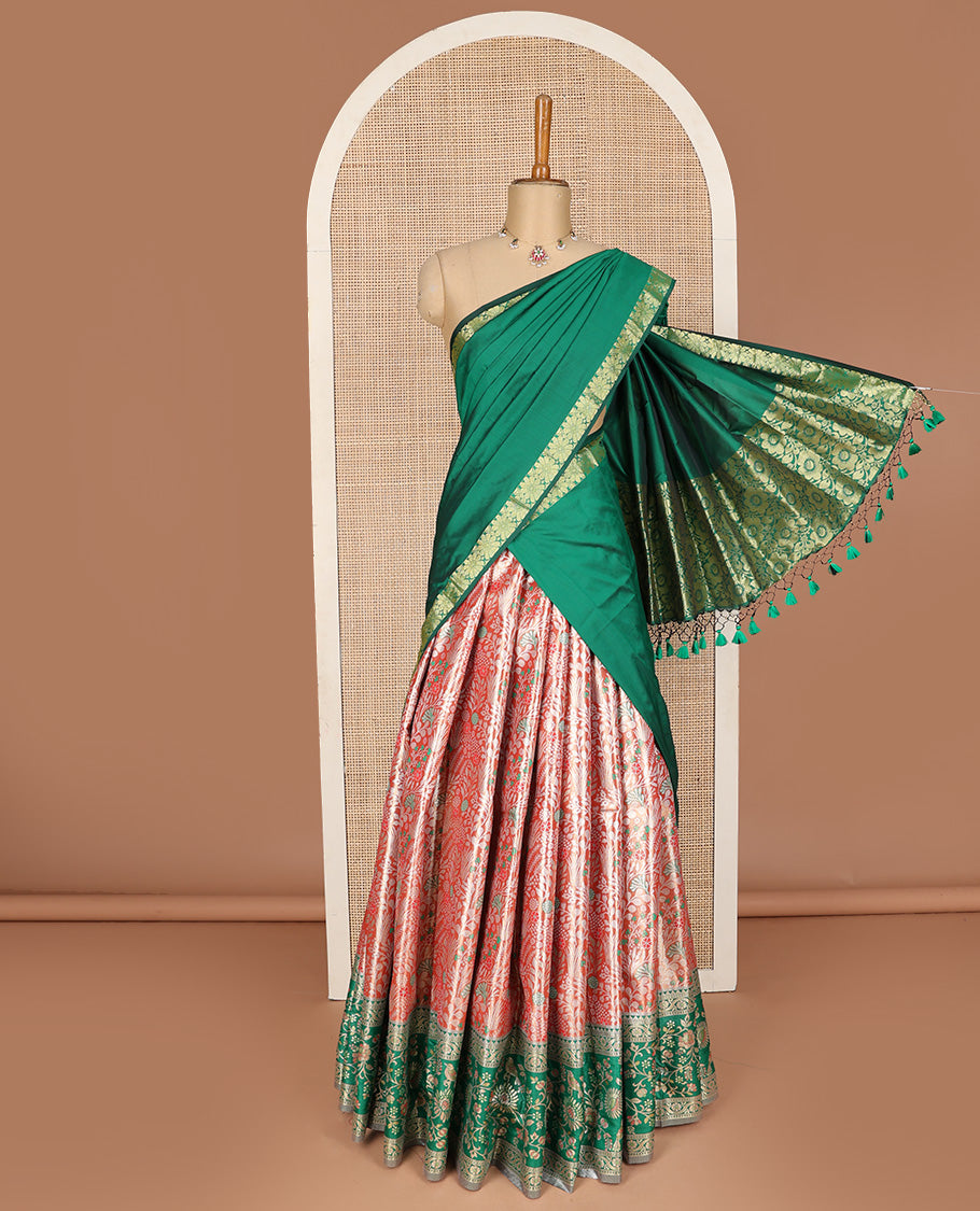 Red art silk half-saree pavadai material, floral jacquard with contrast traditional border skirt, jaal jacquard blouse, and zari design dhavani