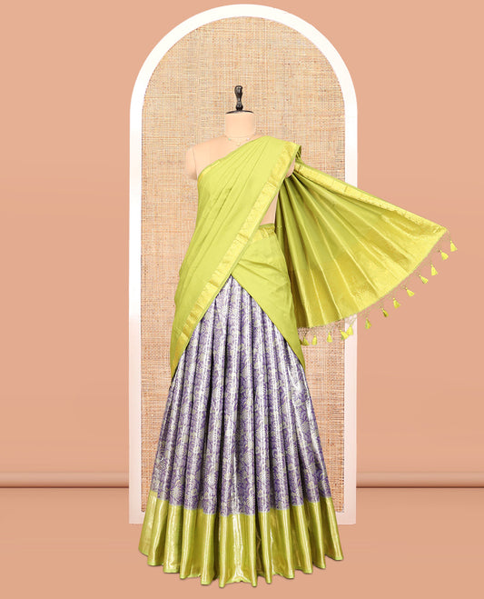 Grey-Violet Art Silk Material Half Saree Set Featuring a Jacquard Skirt, a Contrast Traditional Zari Design Border, Contrast Blouse, and Zari Designs Dhavani