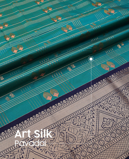 Blue art silk pavadai set, zari design with contrast traditional zari bordered skirt and a contrast zari design blouse