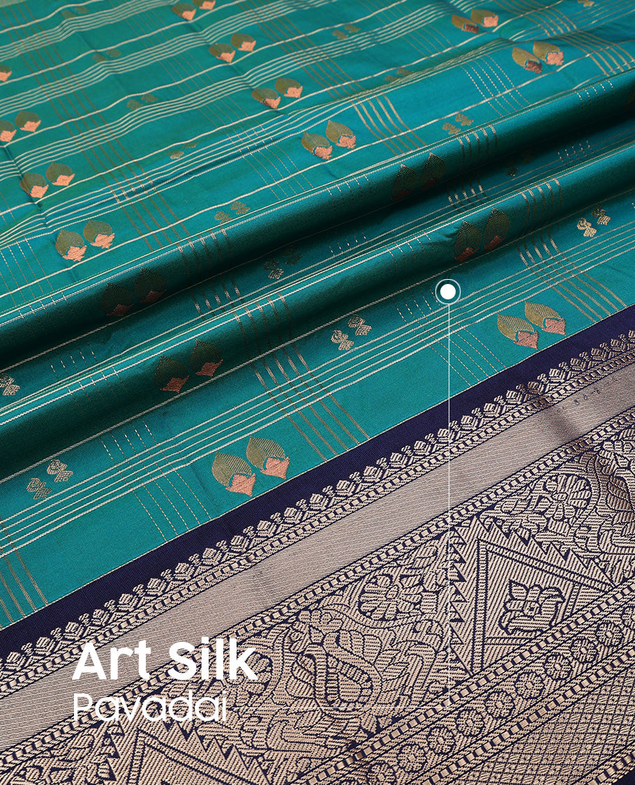 Blue art silk pavadai set, zari design with contrast traditional zari bordered skirt and a contrast zari design blouse