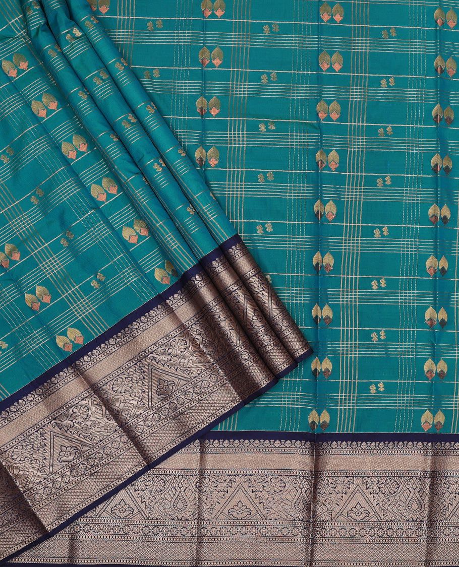 Blue art silk pavadai set, zari design with contrast traditional zari bordered skirt and a contrast zari design blouse