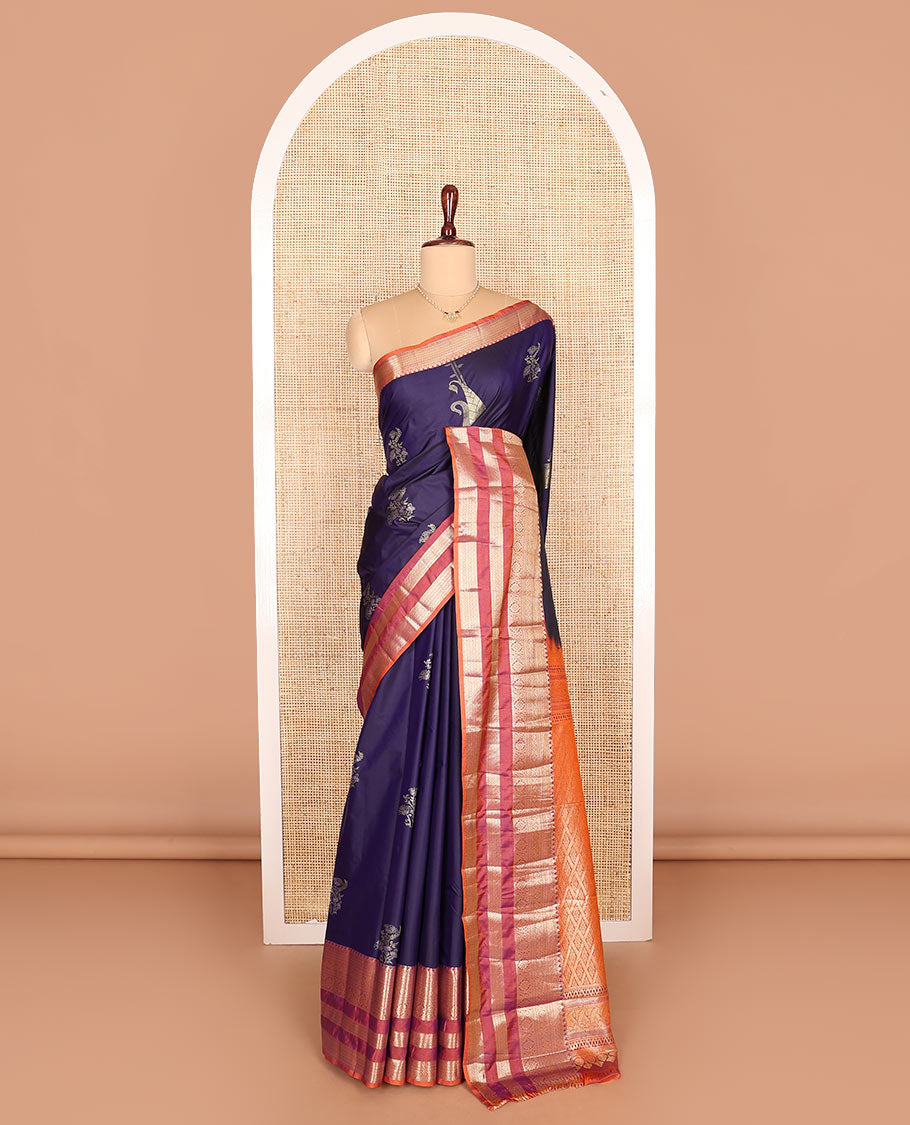 Blue zari buttas budget silk saree, contrast traditional zari varisai pettu border, and pallu of jaal design