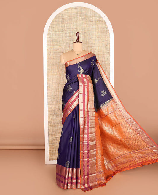 Blue zari buttas budget silk saree, contrast traditional zari varisai pettu border, and pallu of jaal design