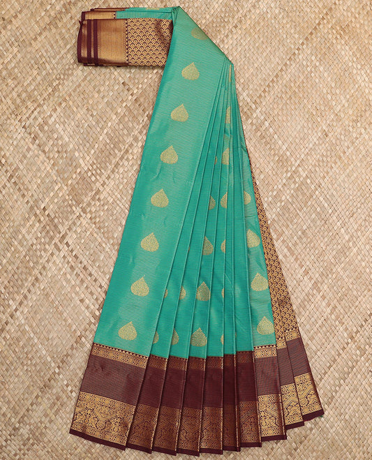 Green zari buttas, and striped budget silk saree, contrast traditional zari border, and jaal pallu