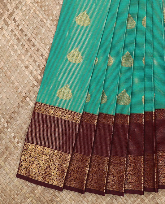 Green zari buttas, and striped budget silk saree, contrast traditional zari border, and jaal pallu