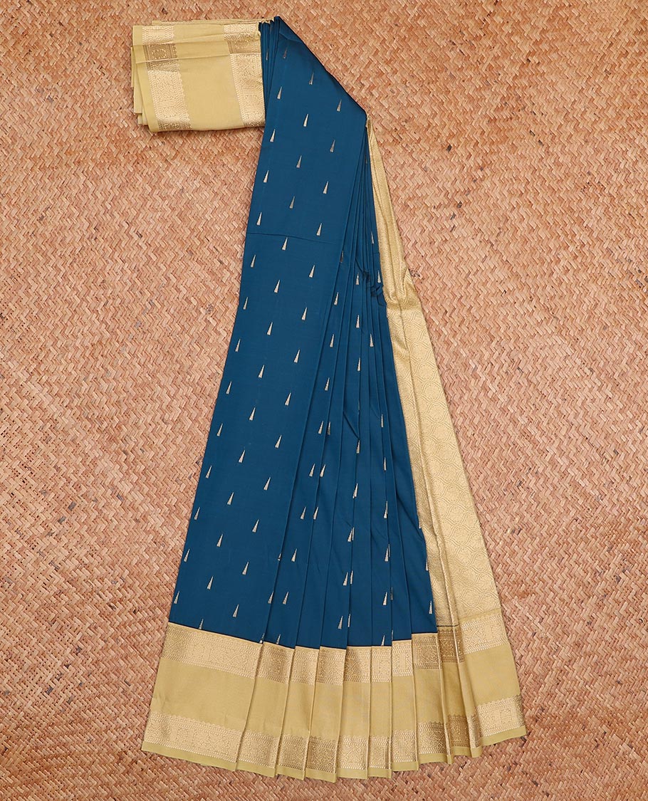 Blue triangle motifs gift saree, contrast traditional zari design border, and ogee patterned pallu