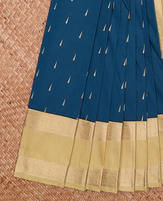 Blue triangle motifs gift saree, contrast traditional zari design border, and ogee patterned pallu