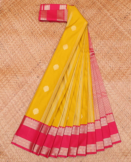 Yellow Budget Silk Saree, Embellished with Zari Buttas and Stripes on Its Body, Complemented by a Contrast Traditional Rettai Pettu Border, Grand Jaal Pallu, and Paired with a Contrast Blouse