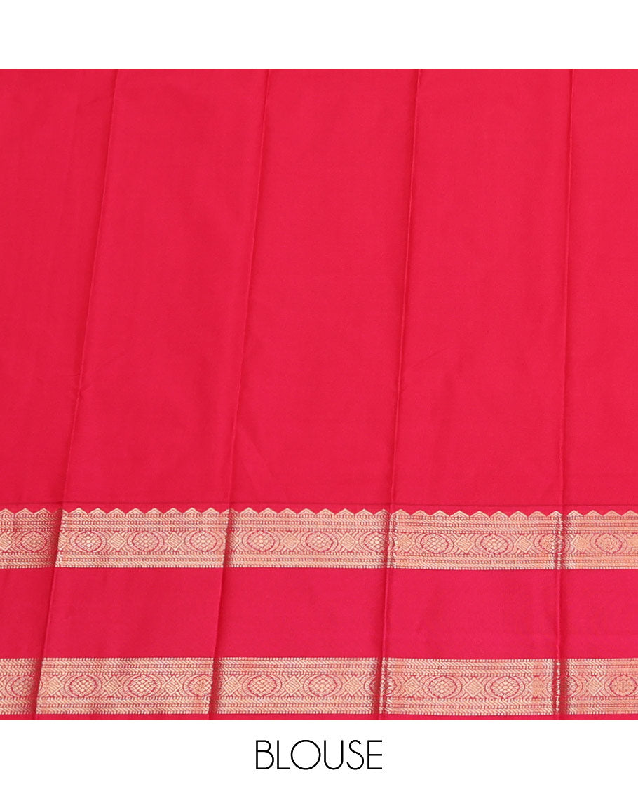 Yellow Budget Silk Saree, Embellished with Zari Buttas and Stripes on Its Body, Complemented by a Contrast Traditional Rettai Pettu Border, Grand Jaal Pallu, and Paired with a Contrast Blouse