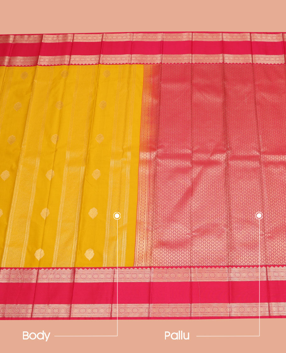 Yellow Budget Silk Saree, Embellished with Zari Buttas and Stripes on Its Body, Complemented by a Contrast Traditional Rettai Pettu Border, Grand Jaal Pallu, and Paired with a Contrast Blouse