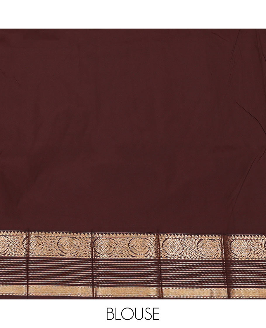 Orange Budget Silk Saree Accentuated with Zari Stripes and Paisley Buttas, Featuring a Contrast Traditional Zari Border with Floral Creeper Designs, Enriched with an Intricately Designed Pallu, and Paired with a Contrast Zari-Bordered Blouse