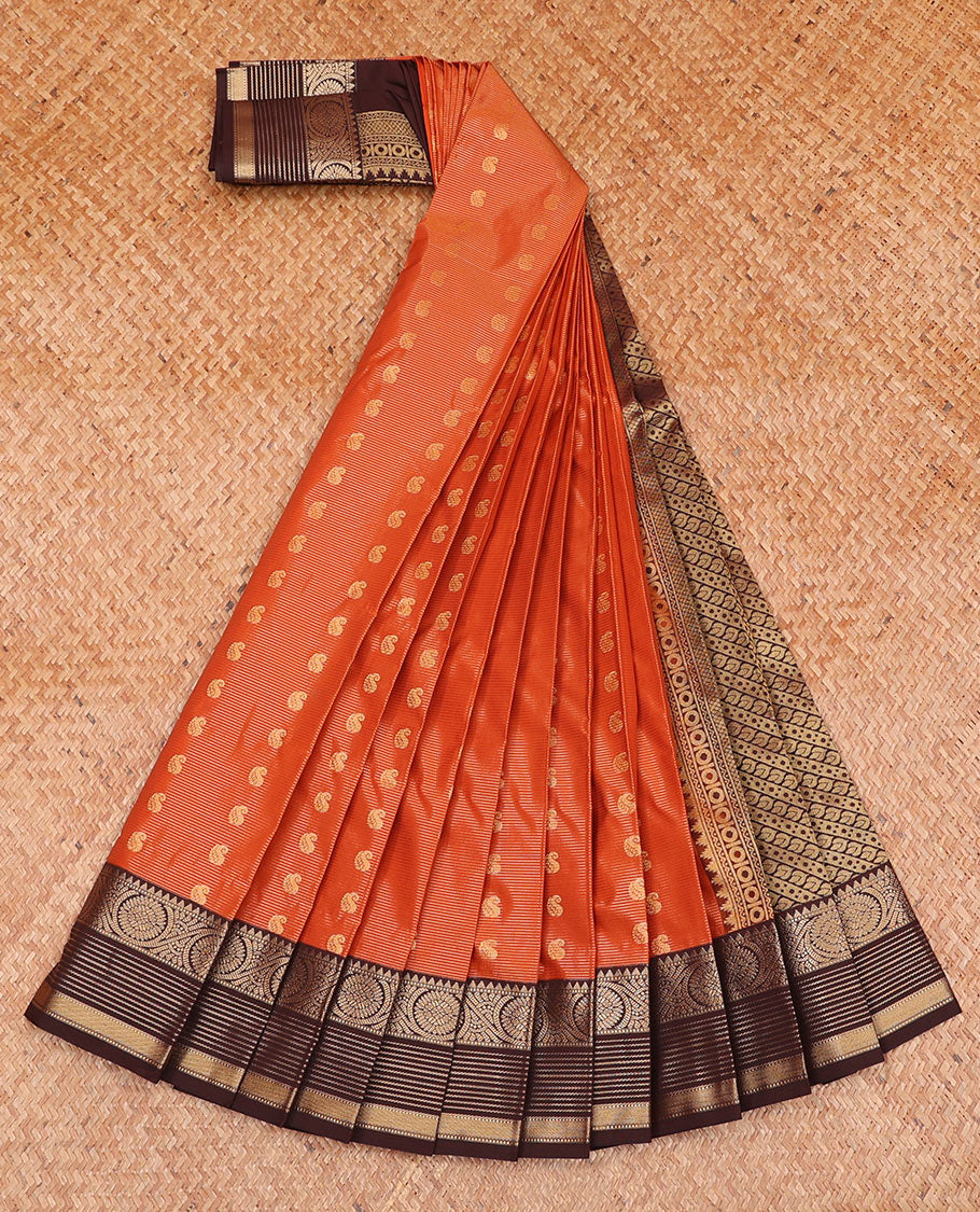 Orange Budget Silk Saree Accentuated with Zari Stripes and Paisley Buttas, Featuring a Contrast Traditional Zari Border with Floral Creeper Designs, Enriched with an Intricately Designed Pallu, and Paired with a Contrast Zari-Bordered Blouse
