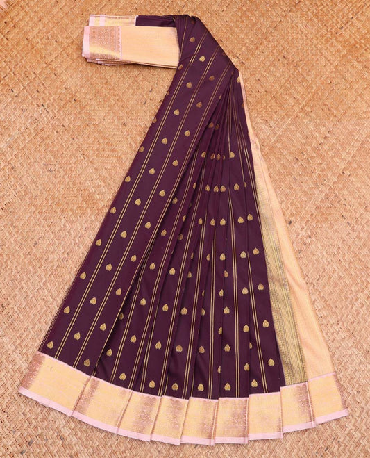 Purple Budget Silk Saree, Elevated with Zari Buttas and Stripes All Over Its Body, Complemented by a Contrast Traditional Zari Design Border, Pallu Steeped with Geometric Patterns, and Paired with a Contrast Blouse