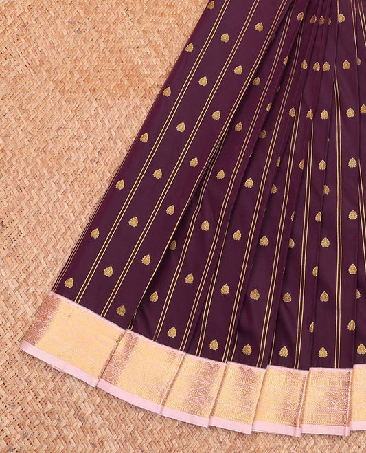 Purple Budget Silk Saree, Elevated with Zari Buttas and Stripes All Over Its Body, Complemented by a Contrast Traditional Zari Design Border, Pallu Steeped with Geometric Patterns, and Paired with a Contrast Blouse