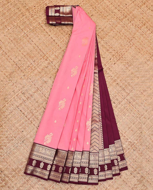 Pink Budget Silk Saree, Enriched with Zari Buttas All Over Its Body, Complemented by Contrast Traditional Zari Designs Woven Border, Grand Chevron Design Pallu and Paired with a Contrast Blouse