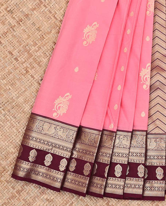 Pink Budget Silk Saree, Enriched with Zari Buttas All Over Its Body, Complemented by Contrast Traditional Zari Designs Woven Border, Grand Chevron Design Pallu and Paired with a Contrast Blouse