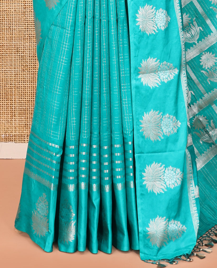 Blue Assam Silk Saree, Elevated with Zari Checks, Highlighted by a Traditional Border, Pallu of Floral Design, and a Matching Blouse