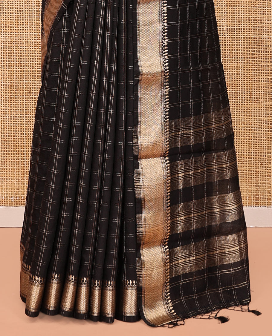 Black Assam Silk Saree, Majestically Detailed with Zari Checks, Highlighted by a Traditional Zari Border, Zari-Striped Pallu, and a Matching Blouse