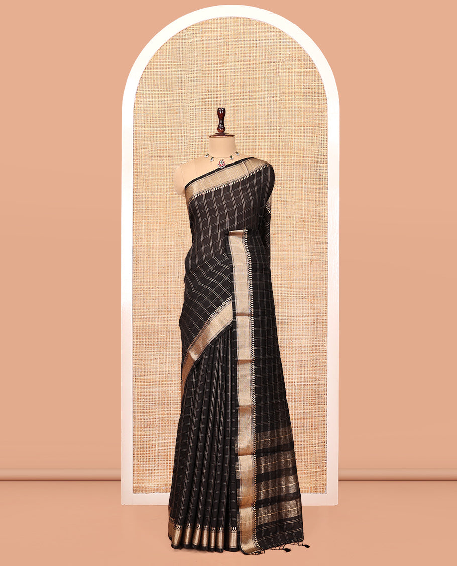 Black Assam Silk Saree, Majestically Detailed with Zari Checks, Highlighted by a Traditional Zari Border, Zari-Striped Pallu, and a Matching Blouse