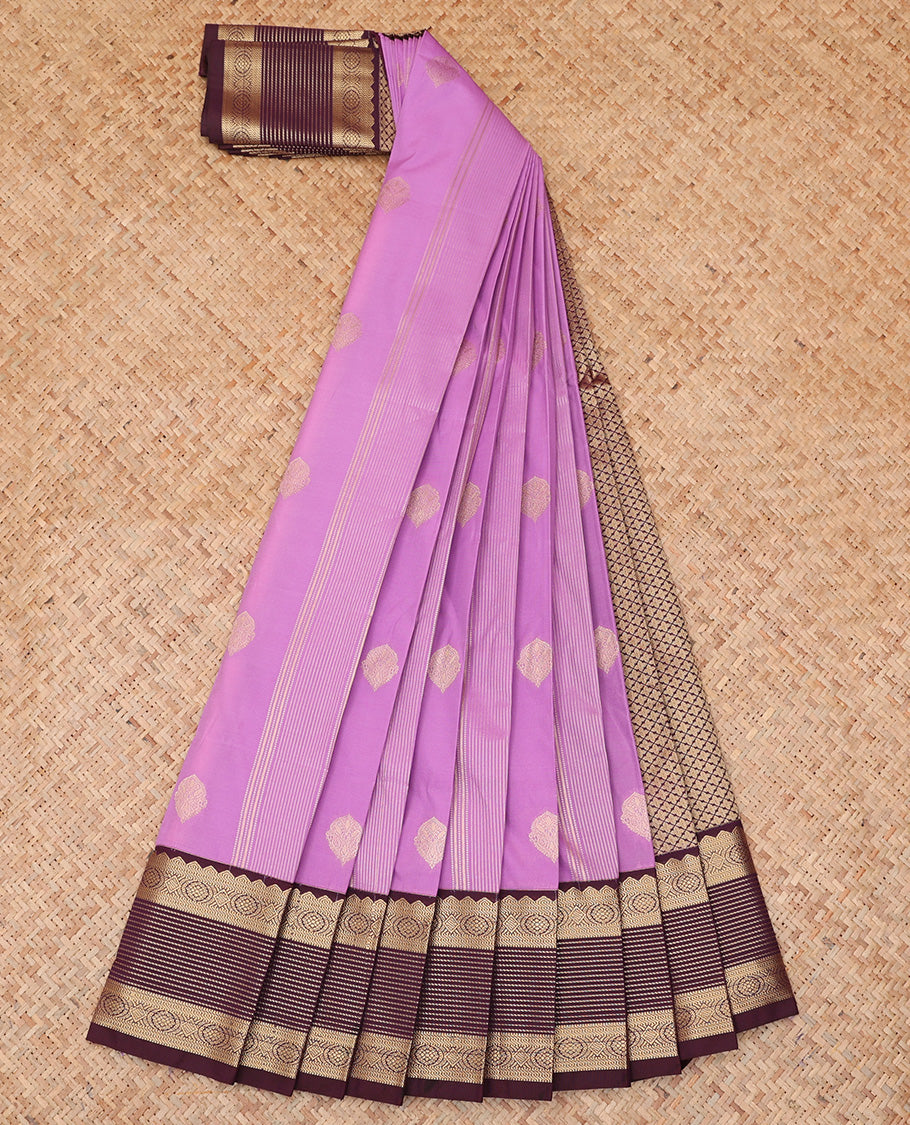 Lavender Budget Silk Saree, Embellished with Zari Buttas and Stripes, a Contrast Traditional Zari Border, Jaal Pallu, and a Contrast Blouse