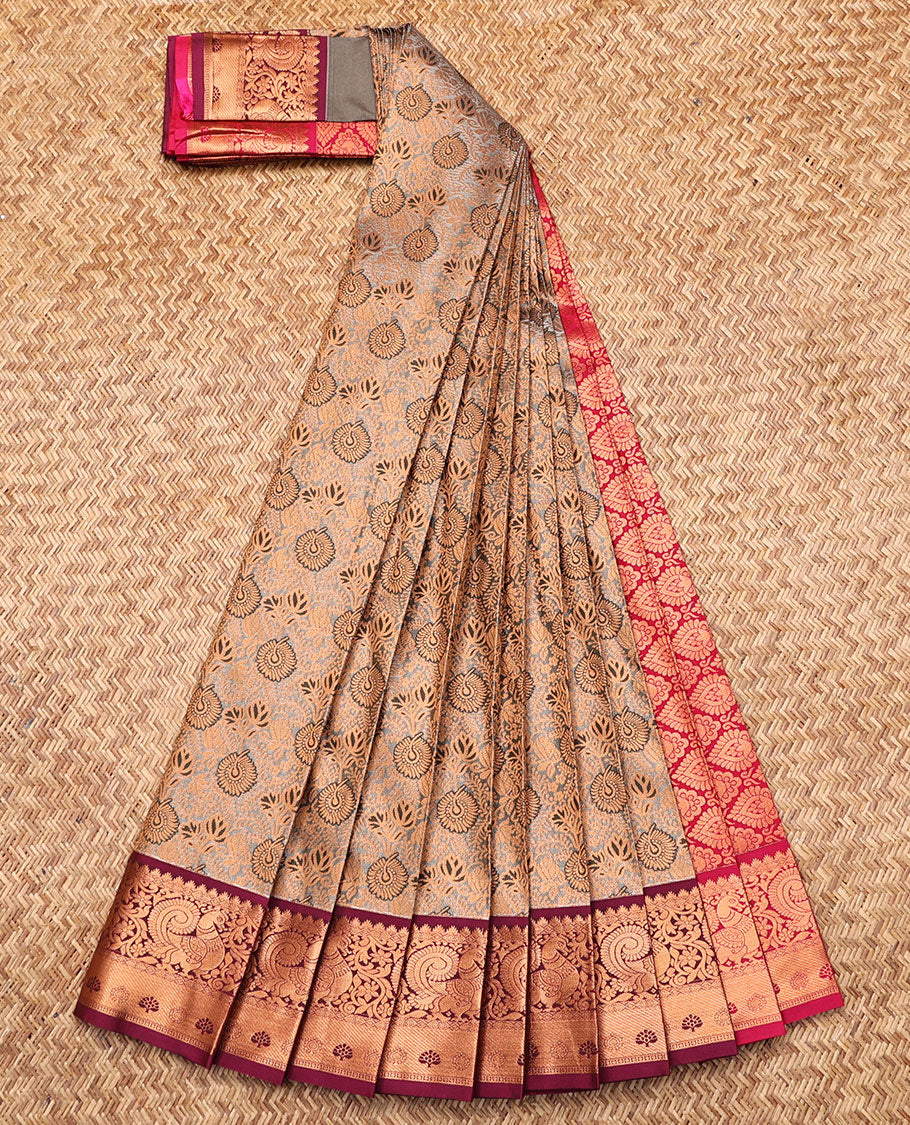 Grey Budget Silk Saree, Graced with Jacquard, Complemented by Contrast Traditional Zari Border, Intricate Pallu, and a Contrast Blouse