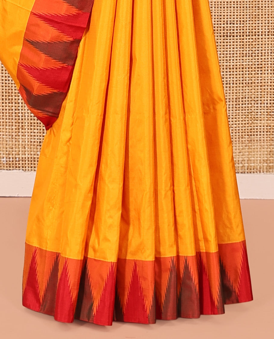 Yellow Plain Bangalore Silk Saree, Complemented by a Contrast Temple Border, Pallu of Stripes, and a Contrast Blouse