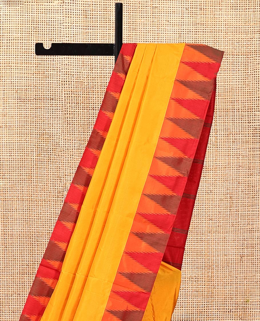 Yellow Plain Bangalore Silk Saree, Complemented by a Contrast Temple Border, Pallu of Stripes, and a Contrast Blouse