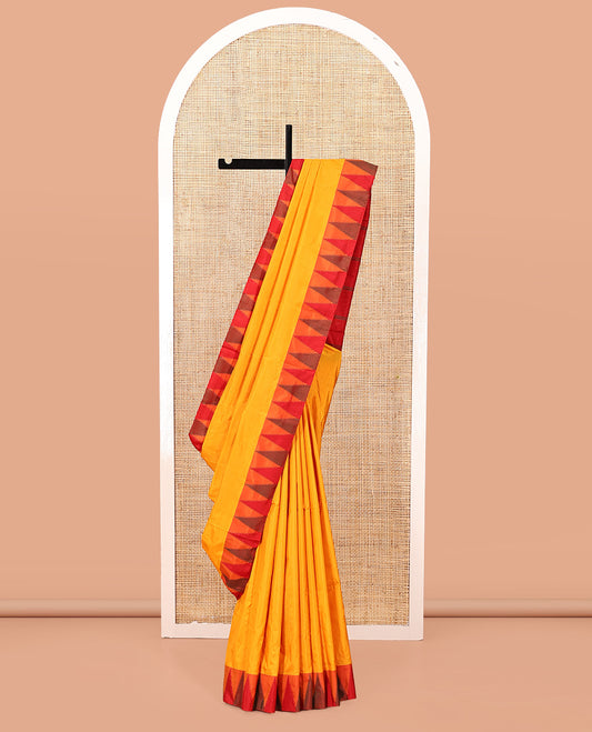 Yellow Plain Bangalore Silk Saree, Complemented by a Contrast Temple Border, Pallu of Stripes, and a Contrast Blouse
