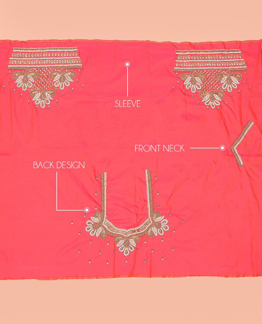 Pink Aari Material Blouse Enthralled with Scallop Designs in Sugar Bead and Zarkan Stone Mixed Embroidery