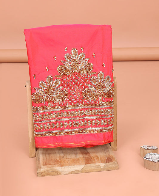Pink Aari Material Blouse Enthralled with Scallop Designs in Sugar Bead and Zarkan Stone Mixed Embroidery