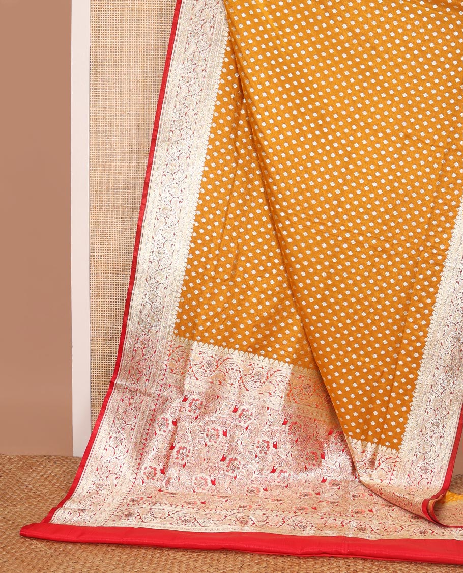 Brown buttas semi banaras nylon with contrast floral design border & floral design pallu