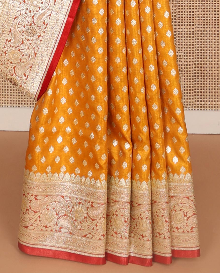 Brown buttas semi banaras nylon with contrast floral design border & floral design pallu