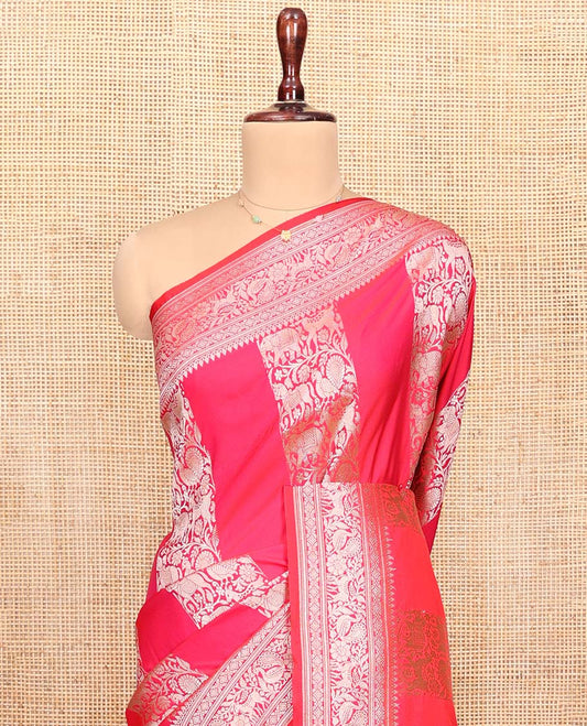 Pink Semi-Banaras Silk Saree, Elegantly Highlighted with Animal-themed Jacquard Designs on Its Body, Highlighted by a Zari Border of Traditional Designs, Pallu Steeped with Stripes, and Paired with a Matching Blouse