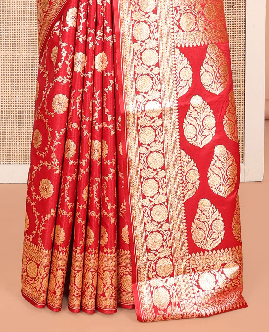 Red Banarasi Nylon Saree, Detailed with Jaal Jacquard, Floral Creeper Zari Border, Intricate Pallu, and a Matching Blouse