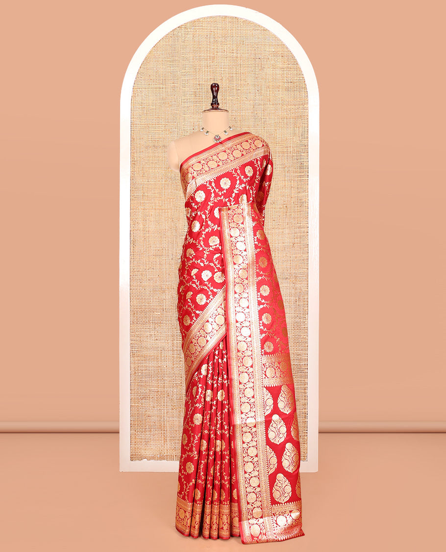 Red Banarasi Nylon Saree, Detailed with Jaal Jacquard, Floral Creeper Zari Border, Intricate Pallu, and a Matching Blouse