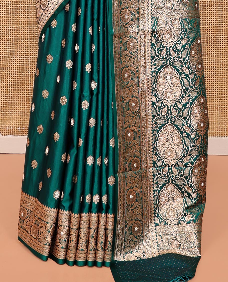 Bottle Green Banarasi Satin Saree, Woven with Floral Buttas, a Floral Creeper Border, Intricate Stonework Pallu, and a Matching Blouse