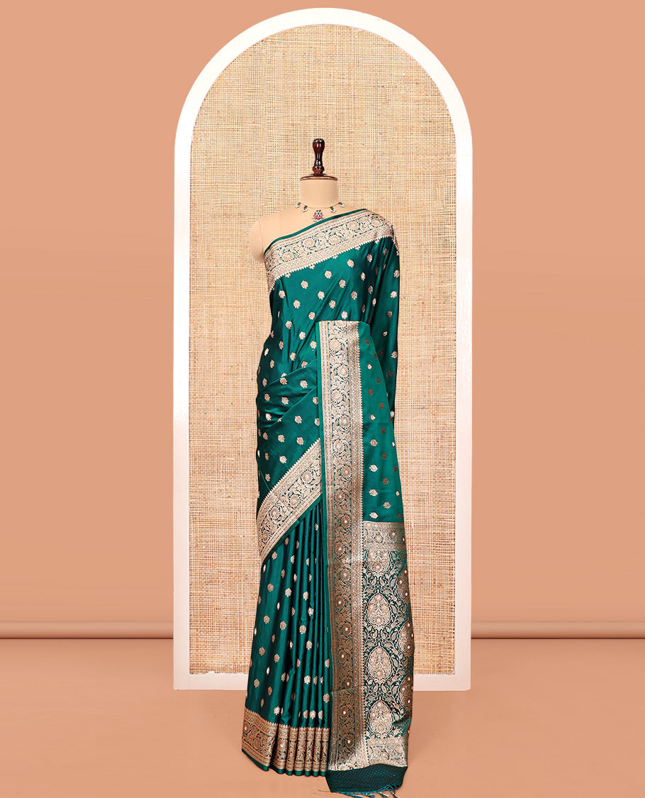 Bottle Green Banarasi Satin Saree, Woven with Floral Buttas, a Floral Creeper Border, Intricate Stonework Pallu, and a Matching Blouse