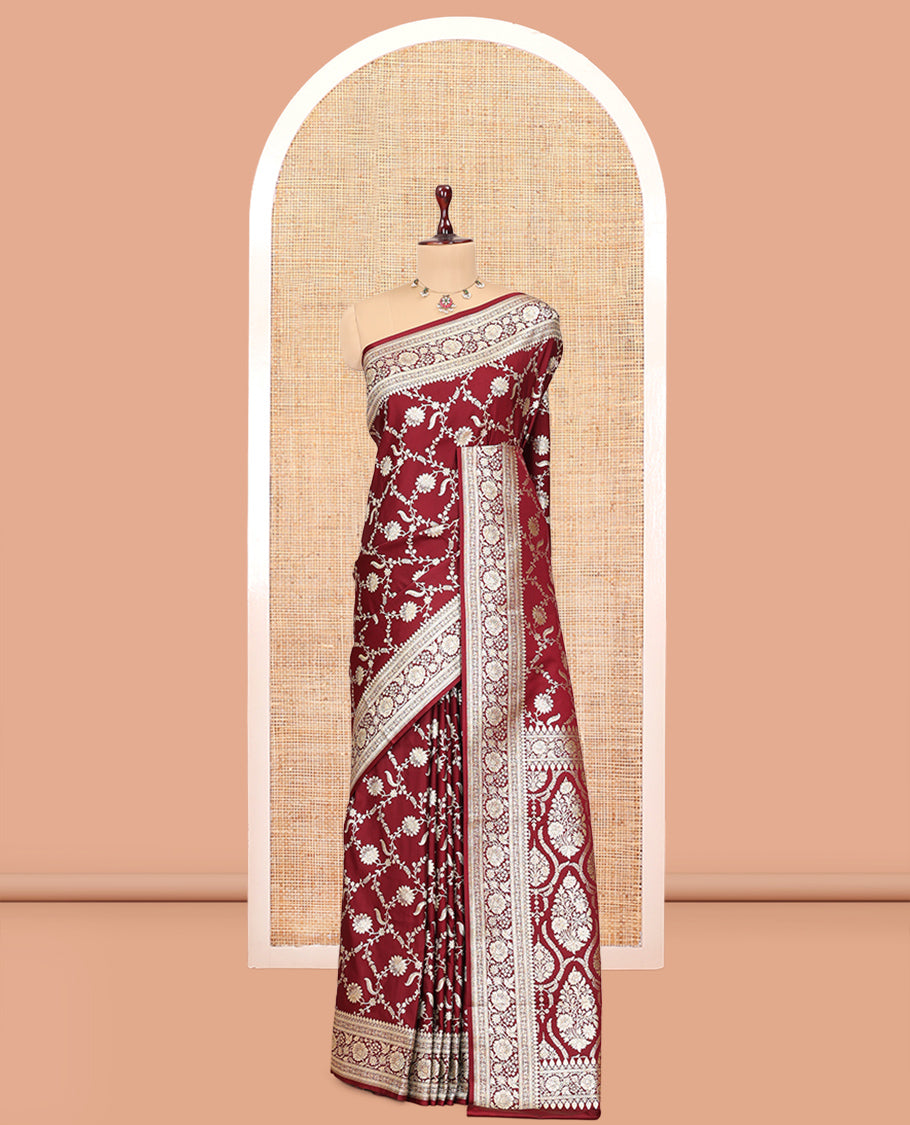 Maroon Semi-Banaras Satin Silk Saree