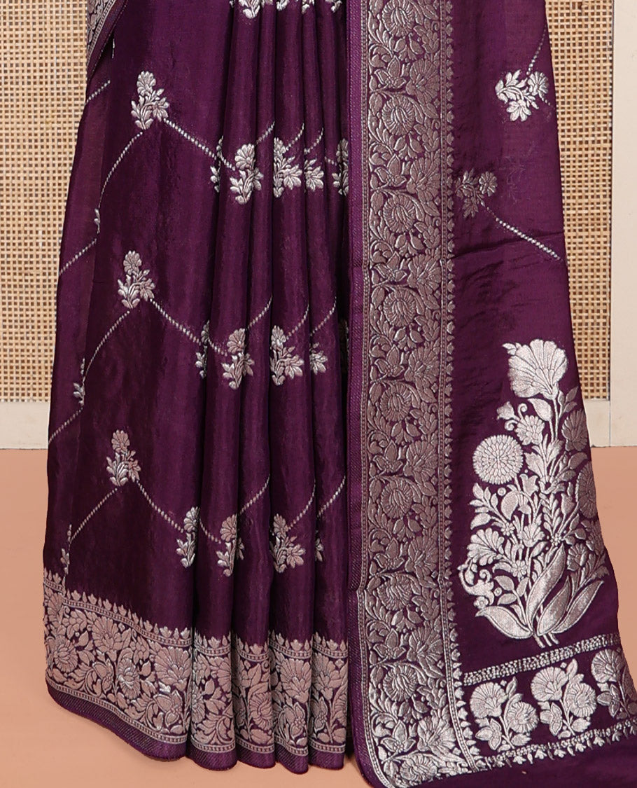 Purple Fancy Crepe Saree, Beautifully Bedecked with Floral and Chevron Stripes, a Floral Border, a Floral Design Pallu, and a Matching Blouse
