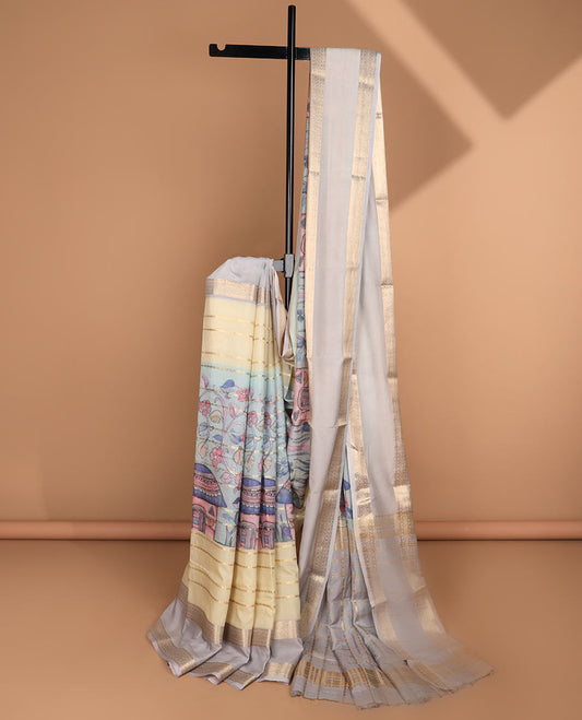 Multi-color uniquely printed & zari striped semi-banaras crepe saree, contrast traditional zari border & striped pallu