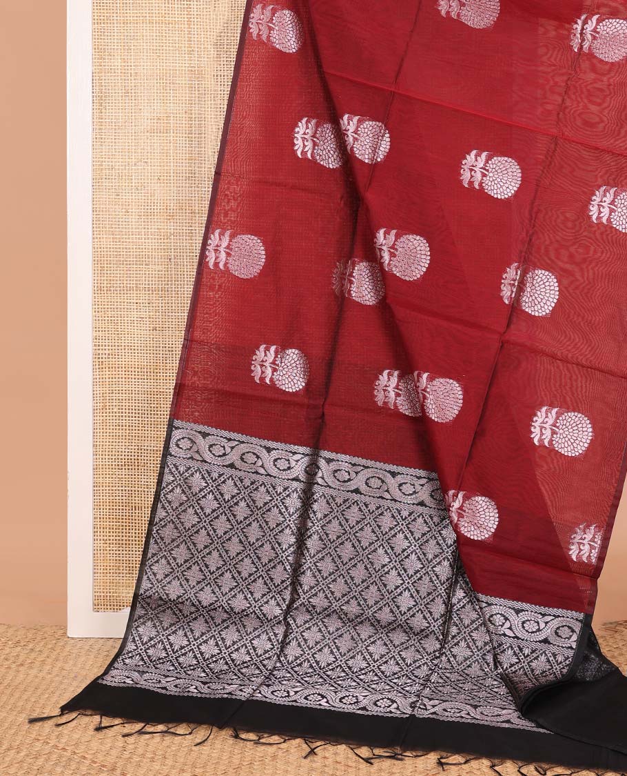 Borderless maroon flower zari buttas semi silk cotton saree, contrast jaal design pallu