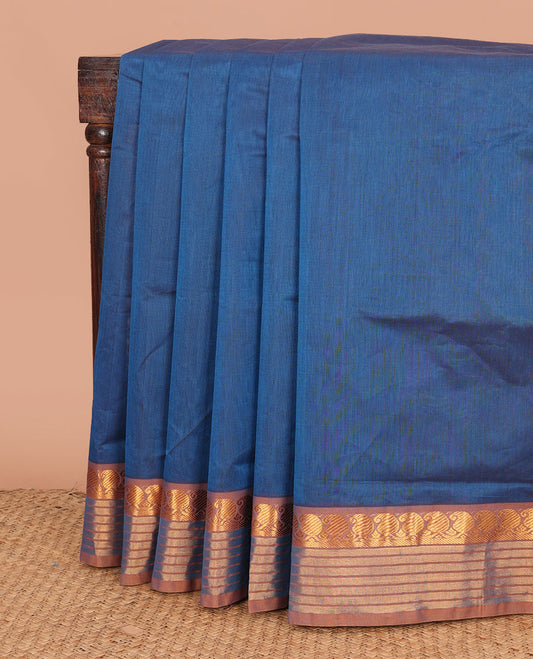 Blue plain Venkatagiri cotton saree, contrast traditional zari border of paisleys, and striped pallu