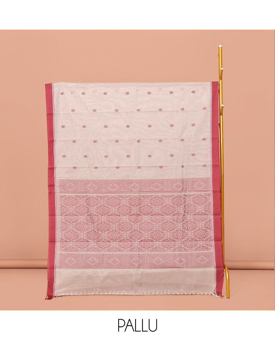 Off-White Kanchi Cotton Saree, Delicately Woven with Buttas All Over Its Body, Complemented by Contrast Border, Geometric Patterned Pallu and Paired with a Matching Blouse